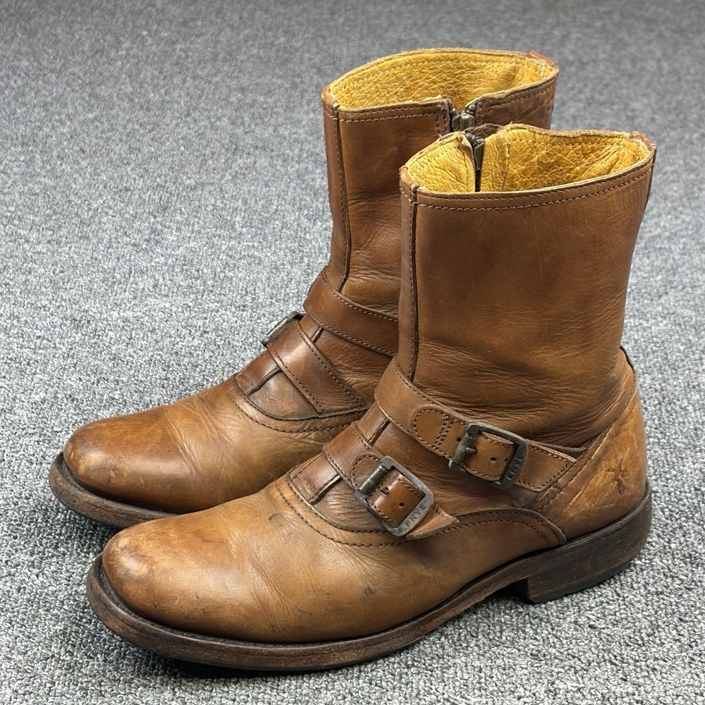 Frye Engineer Harness Boots Mens 7 D Brown Leather Double Buckle Zip‎ Biker Moto